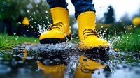 Child wearing bright yellow rubber rain boots jumping in puddle with water splash and reflection. Dynamic action shot capturing joyful outdoor play in wet weather.