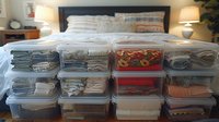 Organized closet storage with clear plastic containers stacked neatly showing folded clothes and linens, perfect for home organization and decluttering inspiration in bedroom setting.