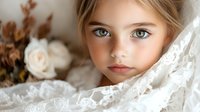 Young girl with striking blue eyes and natural makeup wrapped in delicate white lace, with soft roses and dried flowers in background creating romantic mood.