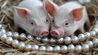 Young piglets with white fur and pink noses resting on pearl strands in straw bedding. Suitable for luxury, agriculture, and whimsical design projects.