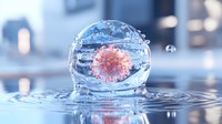 Microscopic coronavirus cell in water bubble with splashing droplets and ripple effect on blue background, medical science visualization concept.