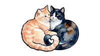 Pair of cats forming heart shape with tails, orange tabby and black white kitten cuddling together on white isolated background for pet lovers design.
