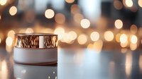 Luxury cosmetic cream jar with golden metallic lid on reflective surface against blurred bokeh lights background, creating elegant atmosphere.