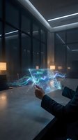 Businessman in dark suit holding holographic tablet displaying glowing data analytics with wave graphs and digital interface in modern office space with floor-to-ceiling windows and ambient lighting.