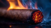 Burning cigar with glowing ember tip and rising blue smoke against dark background, dramatic macro photography showing intricate tobacco texture and orange flames.