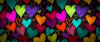 Colorful hand-drawn hearts seamless pattern on dark background. Vibrant love symbols in rainbow colors perfect for romantic designs and Valentine decorations.