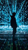 Silhouette of person standing against glowing blue digital light display with bokeh effects and reflective surface creating futuristic cyberpunk atmosphere.