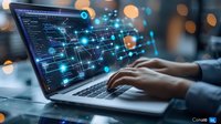 Software developer working on laptop with futuristic network visualization overlay, digital transformation concept for technology business and artificial intelligence development.