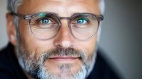 Mature Caucasian man with gray beard, bright blue eyes and glasses smiling at camera. Close up portrait against dark background shows confidence and professionalism.