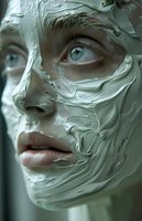 Close-up of young caucasian woman with clay facial mask treatment showing bright blue eye and natural lips against green tinted background for spa and beauty.