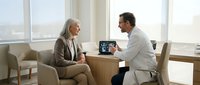 Senior Caucasian woman consulting with male doctor about medical scan results in bright modern clinic office for healthcare communication.