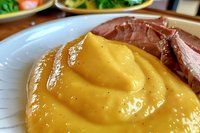 Creamy hollandaise sauce drizzled over tender sliced roast beef on white plate, close-up view showing rich texture and golden color. Garnished with fresh herbs.
