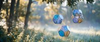 Three colorful geometric Earth globes hanging from tree branch in sunlit forest setting with bokeh background for environmental awareness campaigns.