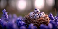 Speckled eggs in natural twigs nest surrounded by purple spring flowers with soft bokeh background, seasonal Easter composition for greeting cards.