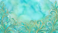 Turquoise watercolor background with ornate gold flourish borders, elegant decorative swirls for luxury design projects and invitations.