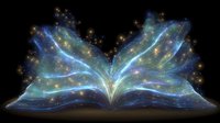 Magical glowing book with ethereal blue and turquoise pages spreading like butterfly wings, emitting sparkling light and stardust against dark background.
