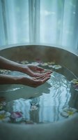 Cupped hands over ceramic bowl filled with flower petals and water creating peaceful spa atmosphere for wellness and relaxation rituals.