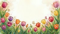 Colorful tulip garden border with butterflies in watercolor style, copy space in center for text, spring floral frame for greeting cards and banners.