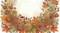 Watercolor autumn floral wreath frame with roses, dahlias, maple leaves, and berries on white background, copy space for text.