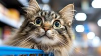 Adorable fluffy tabby kitten with bright green eyes looking up curiously in blurred urban setting with bokeh lights for pet care and animal content.