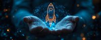 Glowing rocket icon floating above open palms against dark background with magical sparkles and blue ethereal light, symbolizing innovation and startup launch.