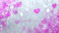 Dreamy pink hearts and sparkles on soft gray background with bokeh effect and glowing particles create romantic atmosphere for Valentine's Day designs.