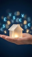 Hand holding glowing house model with floating currency symbols representing real estate investment and global property market opportunities.