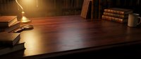 Wooden desk with warm lamp light, scattered books, and vintage leather-bound volumes on shelves, creating an atmospheric study or library workspace for educational and professional projects.