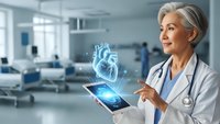 Middle-aged Caucasian female doctor examining holographic heart model on tablet in modern hospital ward. Medical technology innovation concept.