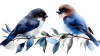 Two small songbirds with blue and brown plumage perched on branch with leaves, watercolor style painting isolated on white background for design projects.