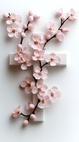 Delicate pink cherry blossoms branch gracefully draped over white cross, symbolizing spring renewal and faith. Soft petals and buds create serene spiritual composition.