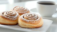 Fresh cinnamon rolls dusted with powdered sugar served on white plate with cup of black coffee, morning breakfast pastry composition.