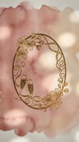 Elegant gold floral wreath with champagne glasses on soft pink watercolor background for wedding invitations and romantic celebrations.