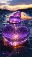 Glowing purple crystal hearts floating on water surface at sunset with warm golden light reflections creating romantic magical atmosphere for love concepts.