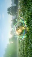 Digital earth globe with holographic interface floating above green meadow landscape representing environmental technology and sustainability concepts.