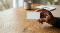 Man with dark skin tone holding blank white business card at wooden desk with coffee cup and laptop, suitable for corporate branding and professional networking materials.