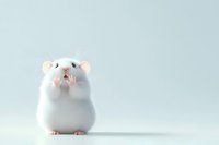 Adorable white hamster sitting upright on light background, looking up with curious expression. Pink nose and ears create charming contrast against soft fur.