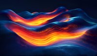 Flowing waves of vibrant orange, yellow, and blue energy create an abstract landscape with glowing light effects and dynamic motion against dark background.