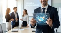 Professional businessman in dark suit holding futuristic digital tablet displaying handshake hologram in modern office with colleagues discussing in background.