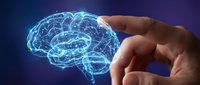 Digital brain hologram floating above human hand with glowing neural networks and synaptic connections on dark blue background for AI technology concepts.