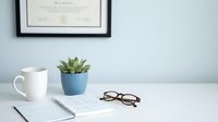 Clean minimalist workspace with white coffee mug, succulent plant in blue pot, eyeglasses and notebook on desk. Professional office setup for productivity.