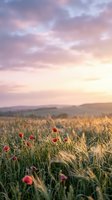 Red poppies bloom among golden wheat stalks in expansive rural field during soft sunrise or sunset, with rolling hills and pastel sky in background. Agricultural landscape.