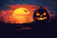 Glowing carved pumpkin silhouette against dramatic orange sunset sky with flying bats and wild grass, creating spooky Halloween atmosphere at dusk.