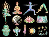 Yoga poses and meditation symbols isolated on transparent background, ready for t-shirt design, clipart, stickers, sublimation and print-on-demand products.