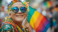 Joyful senior man with colorful hair, rainbow accessories and reflective sunglasses smiling at pride parade celebration with rainbow flag in background.