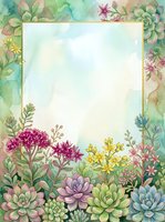 Watercolor floral frame with succulents and wildflowers creating decorative border around blank space for text or design elements.