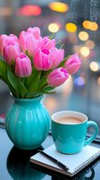 Fresh pink tulips in turquoise vase with matching coffee cup on notebook against window with bokeh lights and raindrops, creating cozy atmosphere.