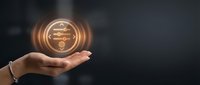 Businesswoman holding glowing digital currency symbol with blockchain network visualization, representing cryptocurrency, fintech innovation, and digital payment technology for financial services.