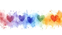 Rainbow colored hearts on watercolor splash background, horizontal seamless pattern with love symbols in pride flag colors, artistic design for greeting cards.