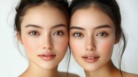 Young Asian women with natural makeup and glowing skin pose together, showcasing fresh, luminous complexions and gentle smiles against white background.